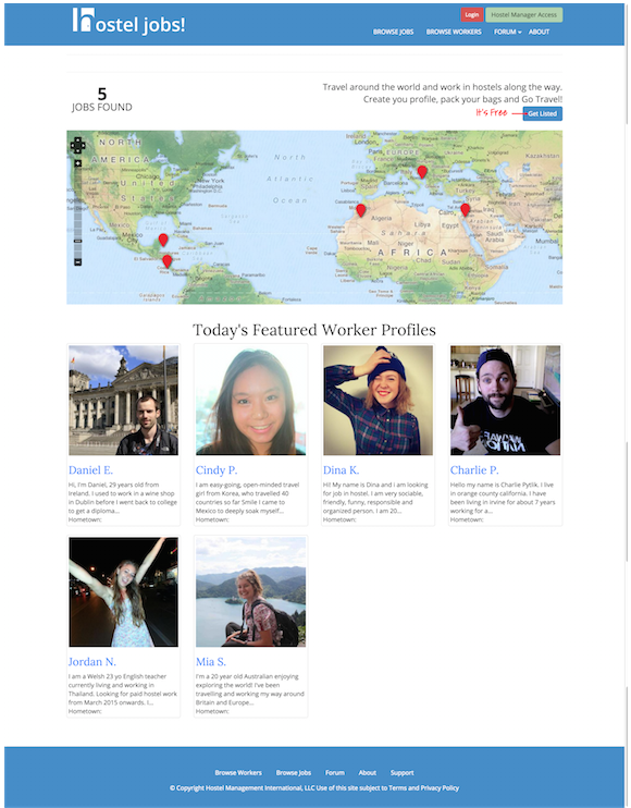 Find Jobs at Hostels All Over the World. A screenshot of HostelJobs.net